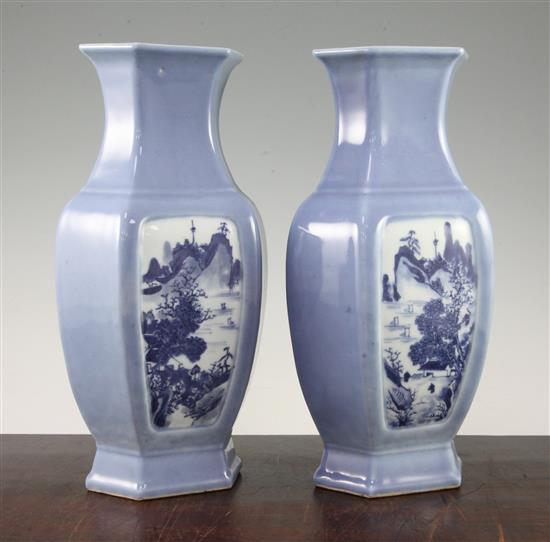 A pair of Chinese blue ground hexagonal baluster vases, Republic period, 30.5cm, bases drilled